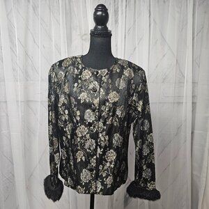 Vintage Lawrence Kurtz Crimson Black Gold Metallic Floral Goth Jacket 16